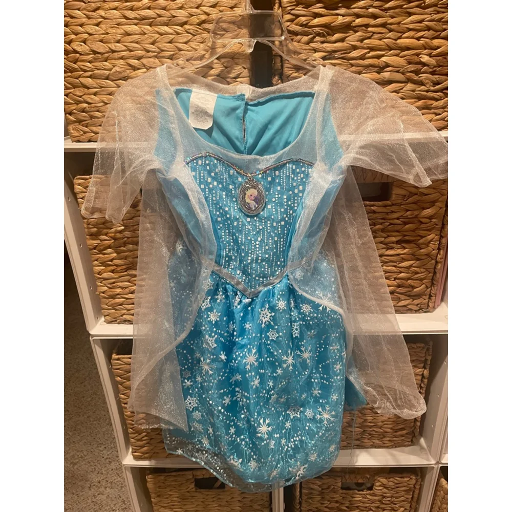 Disney Frozen Elsa Princess Dress Blue Snowflake Gown with Cape Girls Halloween